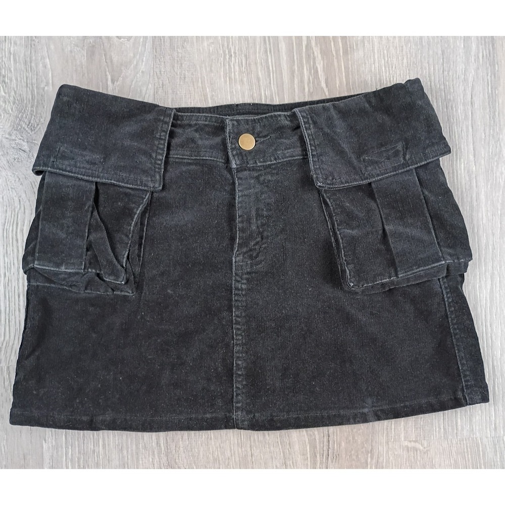 Cona Blue Jeans Black Corduroy Cargo Skirt M‎ Short Pockets Button Y2K Grunge